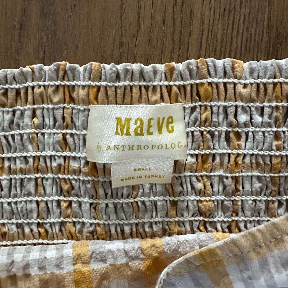 Anthropologie Yellow and White Plaid Puff-Sleeve Blouse